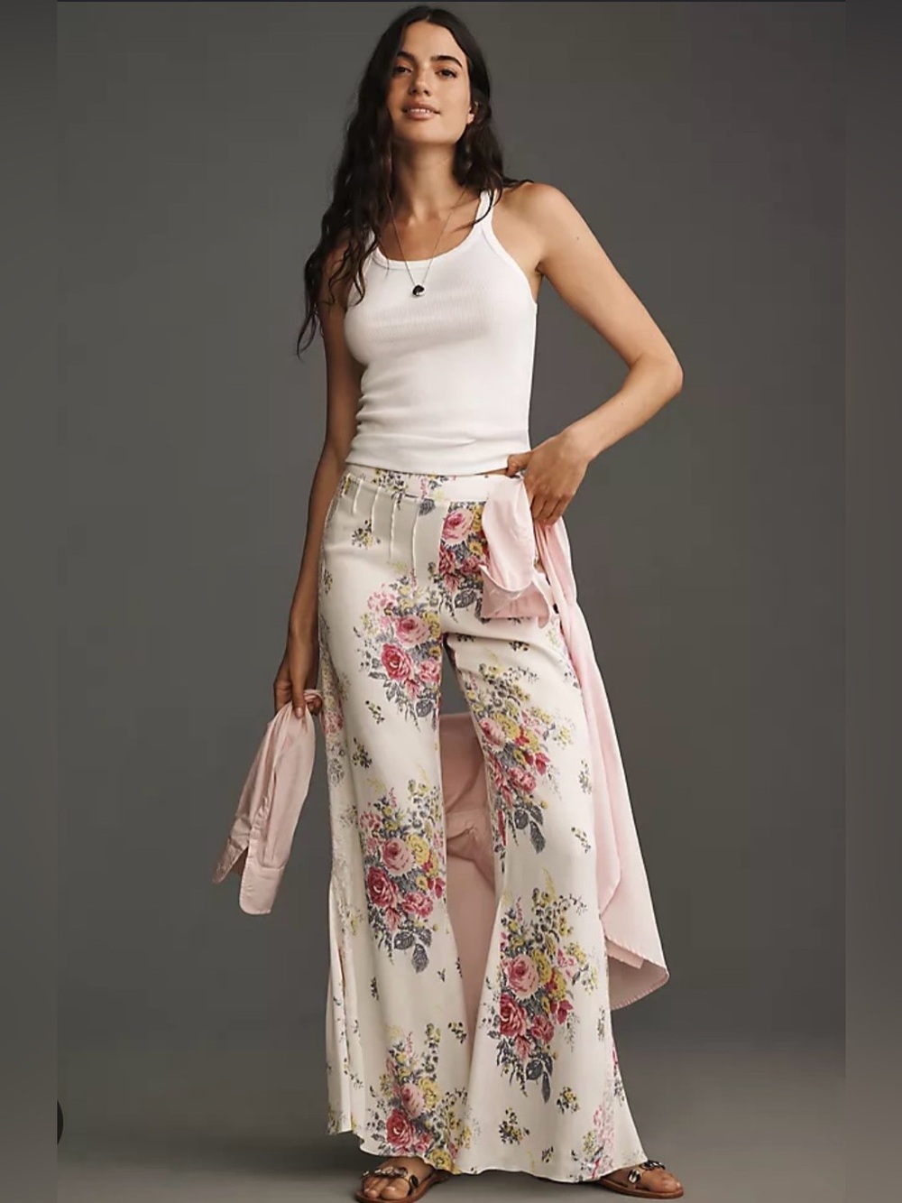 By Anthropologie Floral Lace Silky Flare Pants